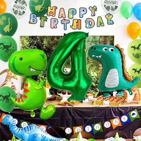 Dinosaur 4th Birthday Decorations, Large Foil Balloons, Happy Birthday Banner, Number 4 Balloon