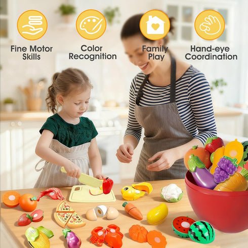 Sets Pretend Play Food for Kids Kitchen, Cutting Toy Food with Apple Basket, Play Kitchen Accessories for Toddlers