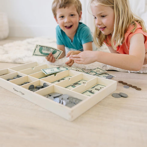 Melissa & Doug Play Money Set: Educational Toy with 50 Paper Bills, Plastic Coins, and Wooden Cash Drawer