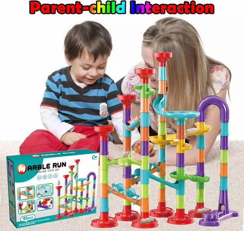 93 PCS Marble Run Premium Set - STEM Educational Building Block Toy with 30 Glass Marbles for Kids - Marble Maze Game