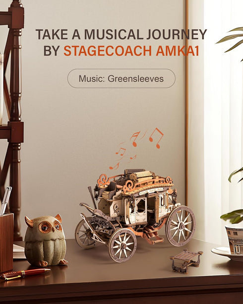 AMKA1, 3D 3D ROBOTIME Stagecoach Wooden Music Box Puzzle Valentines Day Gift Wooden Puzzles for Adults, Mechanical