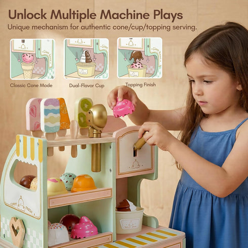 Set, 3+, Giant bean Wooden Ice Cream Play with Drop-Down Dispenser, Play Kitchen Accessories with Cones, Popsicles