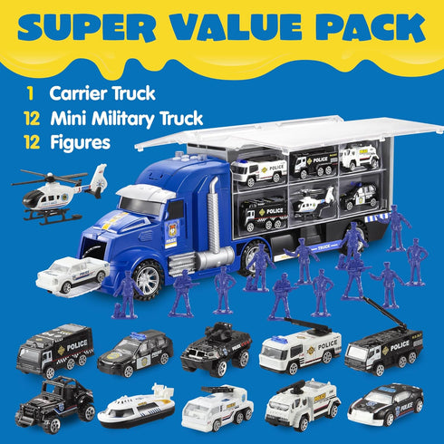 25 1 Set 3 JOYIN in Police Rescue Truck Car Toy with Sounds and Lights, Mini Vehicles in Carrier Truck, Play Police