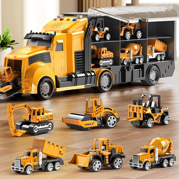 NIPLOOOW Construction Trucks Toy Set with Play Mat, Carrier Truck Play Vehicles Set
