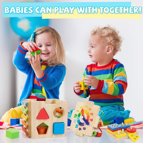 8-in-1 18 Set Bravmate Wooden Activity Cube, Wooden Montessori Learning Toys for M+ Toddlers, One Year Old First