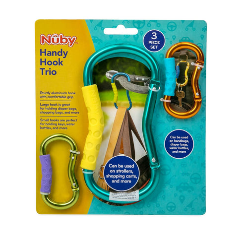 Nuby Stroller Hooks 3pk, Green/Multi Color, Includes 1 Large & 2 Small Carabiner Hooks