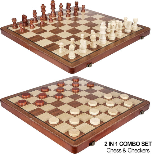 2 1 Set Set in Wooden Chess and Checkers - Folding Magnetic Chess Board with Storage Slots, Chess Pieces, Portable