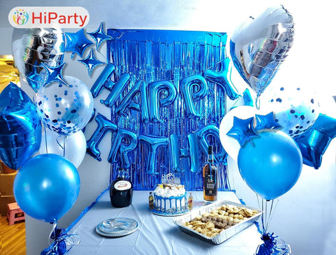 Blue Happy Birthday Balloons Banner, Mylar 3D Foil Letter Banners & 6 Star Balloons, 3-in-1 Party Decorations for Kids