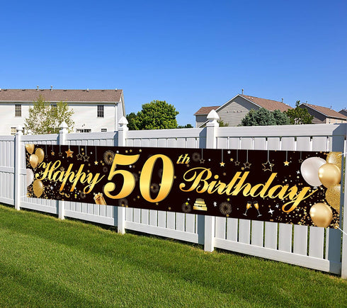 Happy 50th Birthday Banner - Durable Black & Gold Glitter Birthday Sign for Men Women 50th Birthday Party