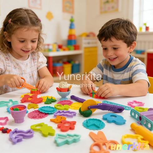 Yunerkita 29PCS Set, F963 3-8 Play Dough Tools Kids Clay Molds Kit with Animal Letters Numbers Cutters Rollers Storage