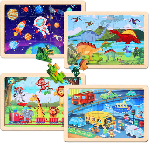 3-5, 4-Pack 20 Set, 3 4 5 6 Wooden Educational Jigsaw Puzzles for Preschool Kids Ages with Pieces Dinosaur, Space
