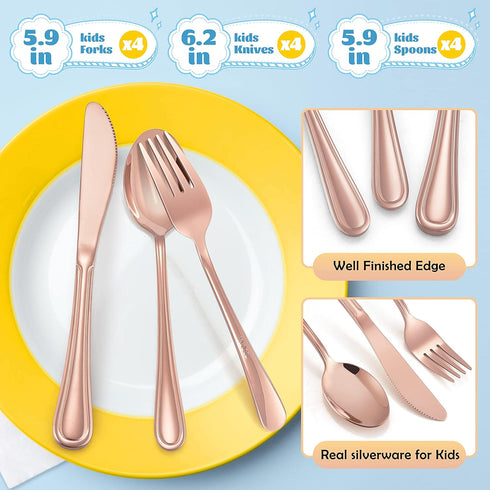 E-far 12-Piece Copper Kids Silverware Set, Stainless Steel Toddler Utensils, Includes Forks, Spoons, Knives
