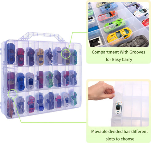 KISLANE Double Sided Toy Car Storage Case for 48 Toy Cars, Matchbox Cars, Mini Toys, Portable Transparent Storage