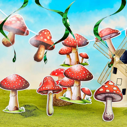 Ribbonlic 34 Pcs Mushroom Garlands Mushroom Hanging Swirls Mushroom Banners Mushroom Hanging Swirls Ceiling Streamers