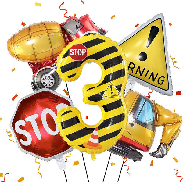 JUANBUDONG Construction Theme Balloons Set,Yellow and Black Striped Construction Foil Number 3 Balloons.Truck,