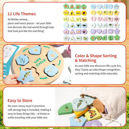 Set 3-6,Life INIFEIDALA Montessori Wooden Preschool Learning Educational Toys for Toddlers Cycle Puzzle, Shape Sorting