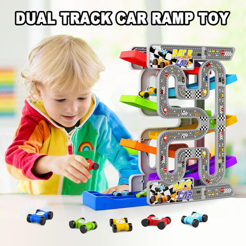 2 3 10 18+ aotipol Toddler Toys for Year Old Boy Girl, Double-Track Car Ramp Toy with Pull-Out Parking Lots & Mini