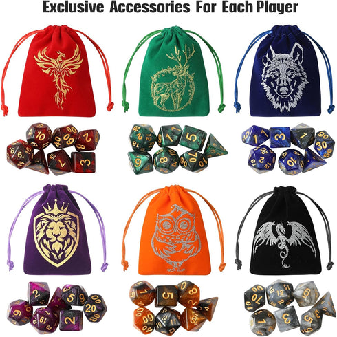 DND Dice Set, 42 Pcs polyhedral dice Set with 6 Colorful Animal Pattern Dice Bag and PU Leather and Velvet dice Tray for Dungeons and Dragons D&D RPG MTG Table Games Starry Sky