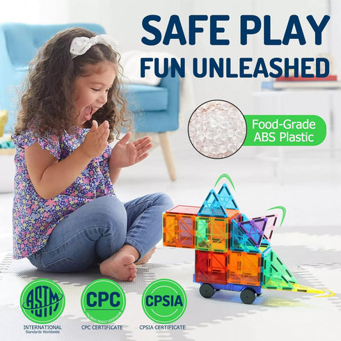 EchoPlan 130PCS Magnetic Tiles with 2 Cars, 3D Clear Building Blocks Set for Kids 3-9+ Years Old