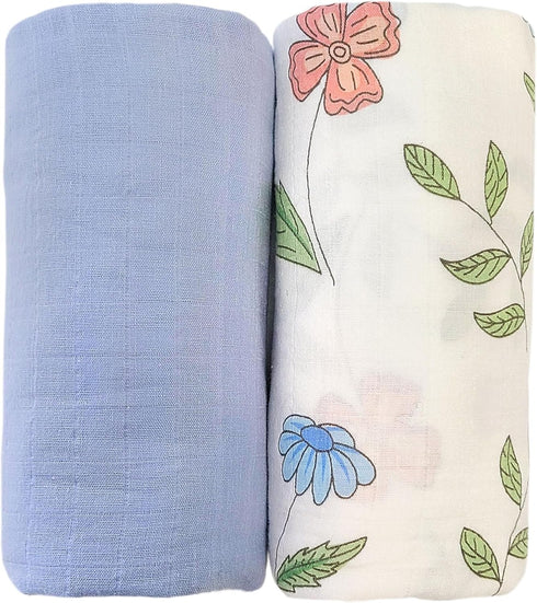 Moonybaby Blankets, Set of 2, 100% Organic Cotton Swaddle, Stroller, Receiving Blankets (Blue + Flower), 47x47 Inch