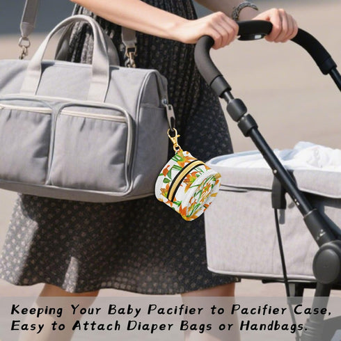 PYBUG Orange Lily Round Pacifier Storage Case, Polyester & TPU Lined with Hook Buckle, Pacifier Container Box for Baby