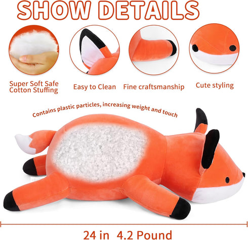 24" 4.2 Lb WeBingo Weighted Stuffed Animals, Weighted Fox Plush Toy Soft Pillow Cute Giant Plushie Gifts for Kids