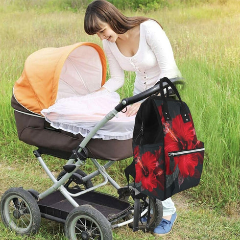 DWVTSLH Backpack Mummy Backpack Red Hibiscus Flowers Diaper Bag Multifunction Nappy Bags Waterproof Large Capacity