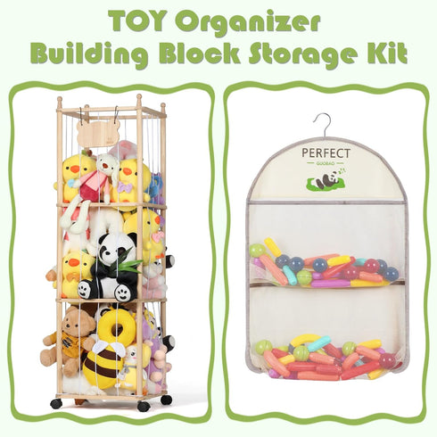 54 inch Stuffed Animal Storage & Organizer, Tall Wooden Cute Zoo Toy Holder with Building Block Storage Bag, Space Save
