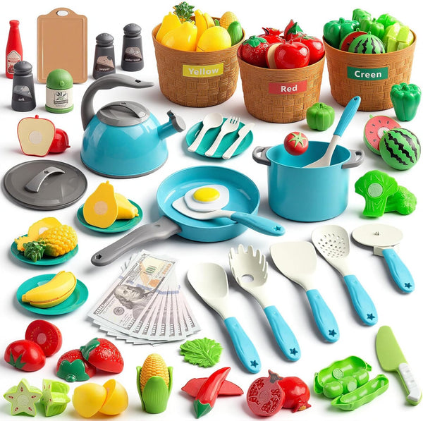 90Pcs Kitchen Playset Accessories, Pretend Cooking with Pots, Pans, Cookware, Food, Fruit,