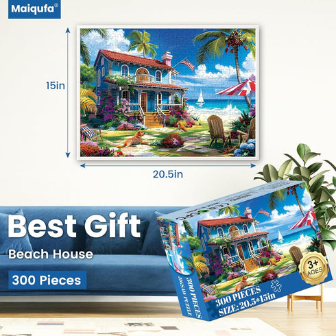 300 300 20.5*15 inch Pieces Puzzle for Adults | Beach House Puzzle | Recycled Cardboard Large Piece Jigsaw Puzzles