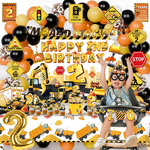 2 128Pcs 2nd Mpanwen Construction Party Decorations for Year Old Boy, Truck Construction Birthday Party Supplies