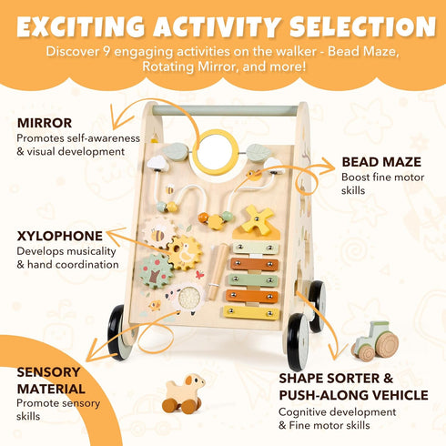 Pithfor Wooden Baby Push Walker, Baby Walker with Activity Center for Girls Boys, Montessori Sensory Push Toys