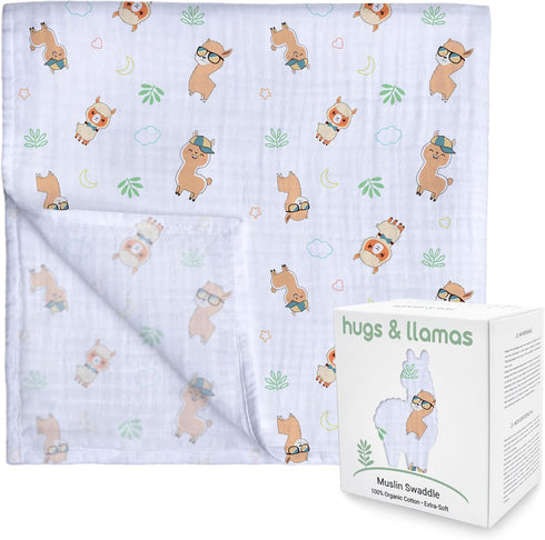 hugs & llamas 100% Organic Cotton Muslin Swaddle Blankets, Extra Soft Unisex Swaddles for Newborns, 47” x 47” (Fancy