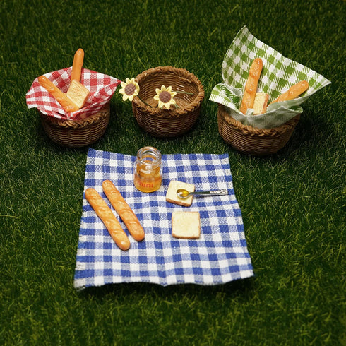 Miniature Food Dollhouse Accessories Decor 1:12 Scale Bread Honey Basket Picnic Cloth Flowers 9PCS Dollhouse Decoration Mini Room Display Props Model (Red Picnic Cloth)
