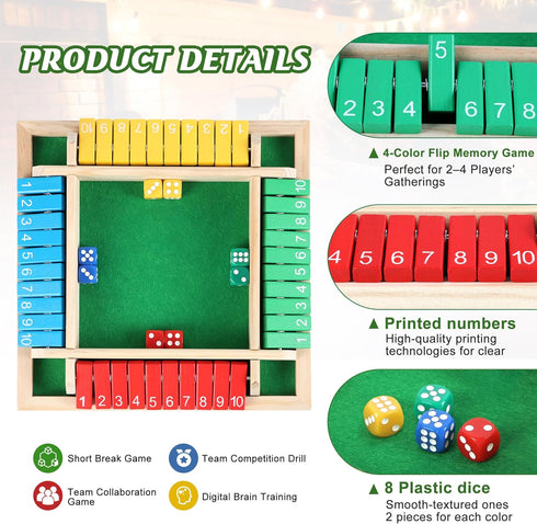 Uowivi 2-4 Shut The Box Game - Math Dice Board Game for Family Night Classroom Travel, Wooden Table for Players