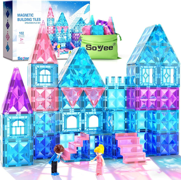 Magnetic Tiles 102pcs with 2 Stairs 2 Dolls Princess Castle Building Girls