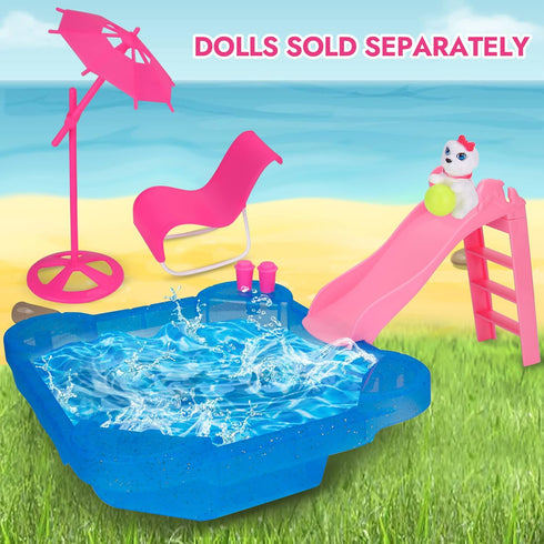 BETTINA Pool Playset - Glam Pool with Slide, Doll Pool Accessories includes Beach Chair, Beach Umbrella, Dog, Swimming Pool Set for 12 Inch Dolls, Bath Toys for Dolls