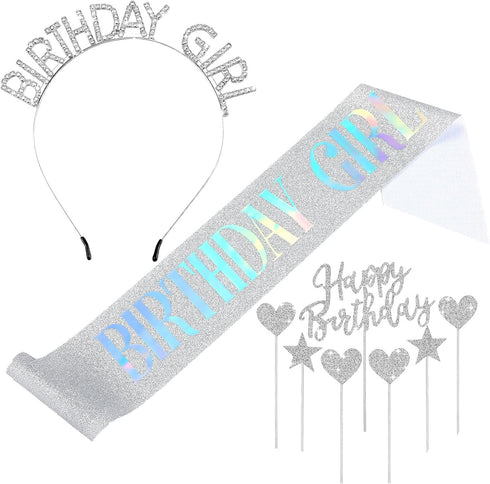 WILLBOND Glitter Birthday Sash, Tiara and Rhinestone Headband Set - Cake Topper Birthday Accessories (Silver Color)