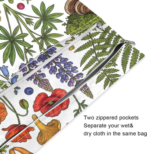 Burbuja 2 Pack, 2 Wild Plants Wet Dry Bags for Baby Cloth Diaper Waterproof Reusable Wet Bag with Zippered Pockets