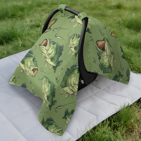 Dalzium Green Tuna Fish and Bait Car Seat Cover Baby, Carseat Canopy Cover for Girl Boy, Breathable Baby Carrier Cover