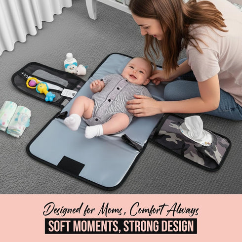 Black Grey Baby Camo Portable Diaper Changing Pad Waterproof Foldable Travel Mat with Pockets Soft Oxford Fabric