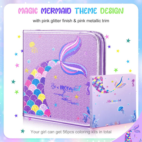 MAIGOZON 56 Set Mermaid Art Craft Kit for Kids, Piece with Pencil Case, Markers, Crayons, Gel Pens, Erasers, Stencils