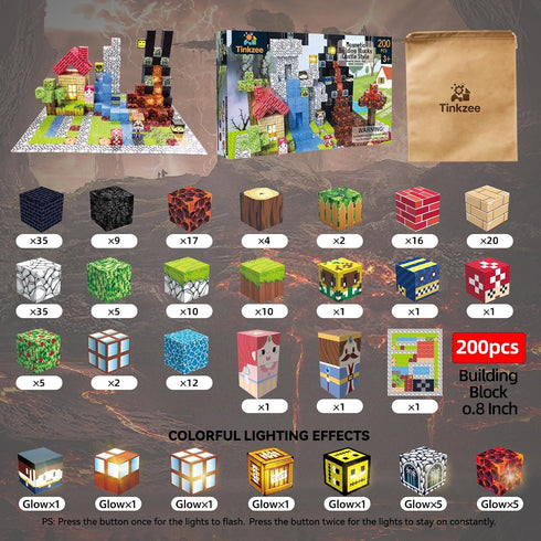Tinkzee 200 Set 15 Sets 3+ PCS Magnetic Building Blocks with LED Light-Up Blocks, Replaceable Batteries, Foldable