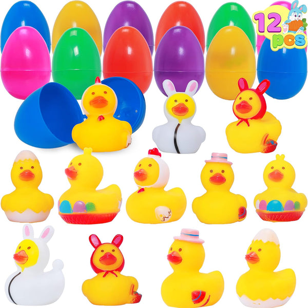 JOYIN 12 Pcs Filled Easter Eggs with Rubber Duck, Eggs Hunt, Basket