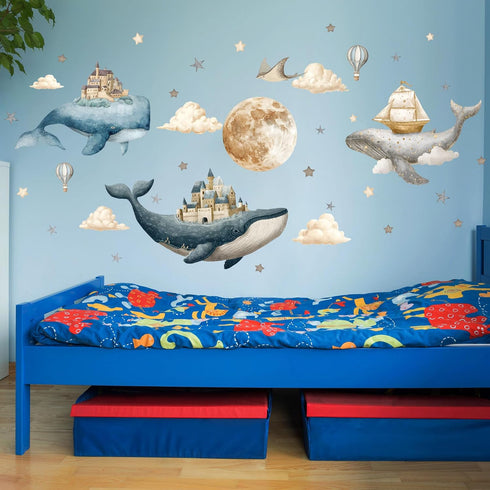 Under The Sea Whales Wall Decal Sticker,Ocean Nursery Wall Sticker,Watercolor Whale, Hot air Balloons, Castle Art Decor