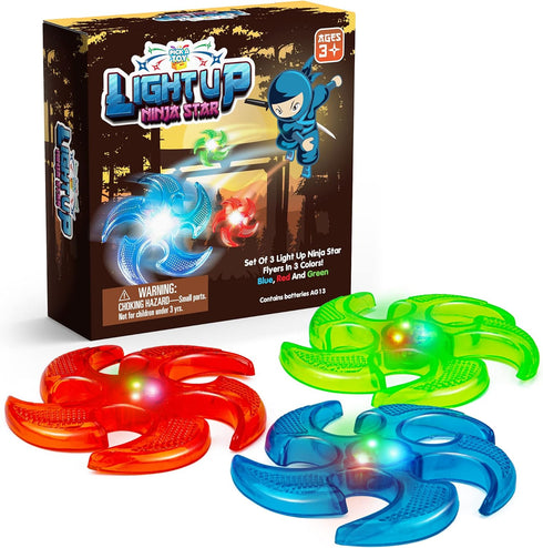 PICK A TOY Light Up Ninja Flyers Set, 3 LED Electronic Stars, Heavy Duty Rubber Discs for Kids Tossing Games