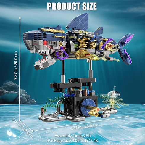 TYCOLE Set,with 8-14(699PCS) Mechanical Shark Building Rotatable Function and Display Stand,Sea Animal STEM Toy