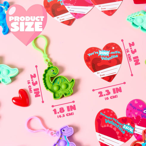 28 Packs JOYIN Valentine's Day Gift Cards with Pop Fidget Keychain Toys, Dinosaur Stress Anxiety Relief Fidget Toys