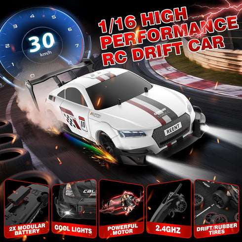 1:16 2.4Ghz 4WD 30KM/H 2 Remote Control Car Scale RC Drift Cars High Speed Race Cars with LED Lights Drifting Tires