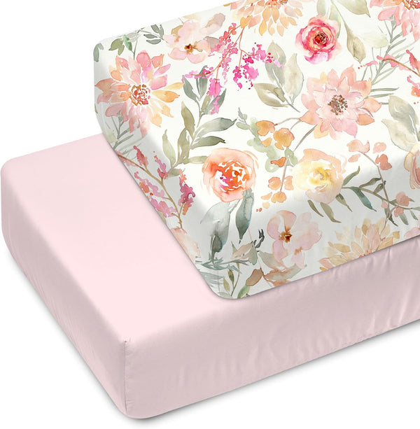 Baby Girls Crib Sheets | 2 Pack Floral & Solid Pink Ultra-Soft